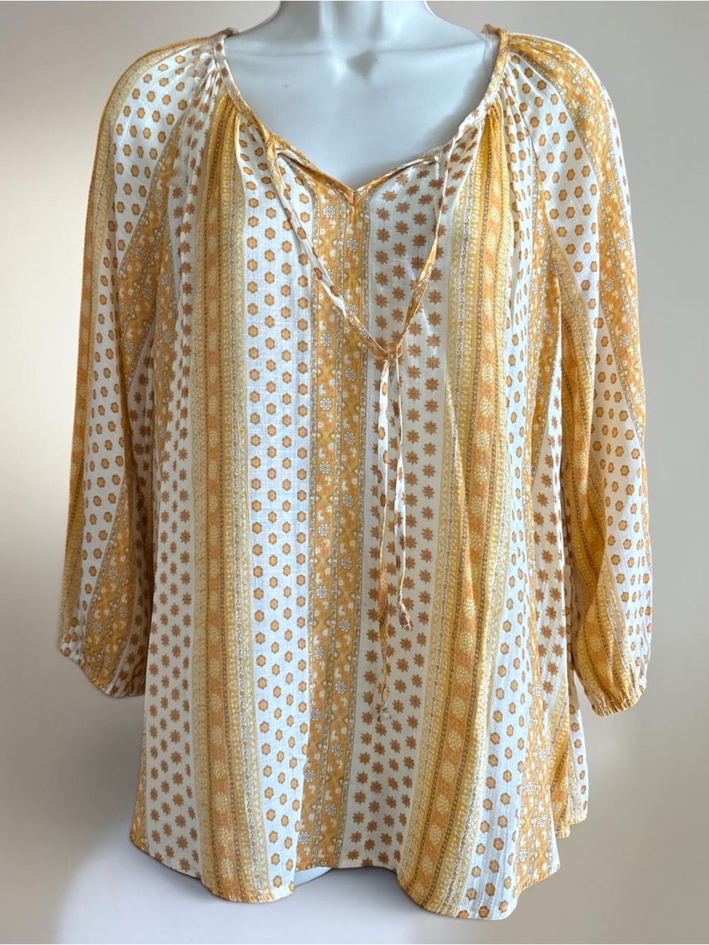 Como Vintage Boho Mustard Ivory Printed Peasant Blouse Tunic Size M